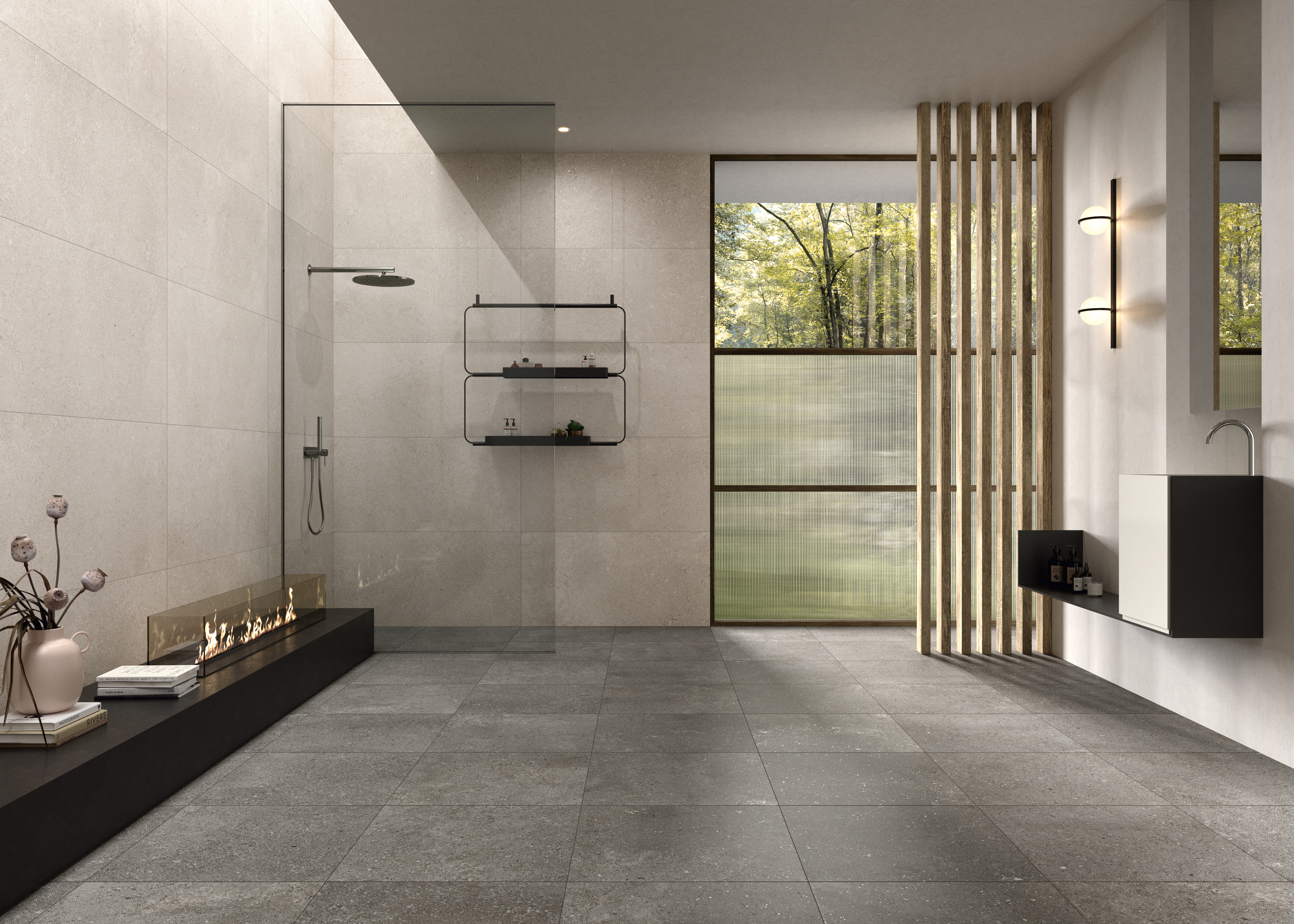 weiße Steinoptik Fliesen im Bad, white stone effect tiles in the bathroom