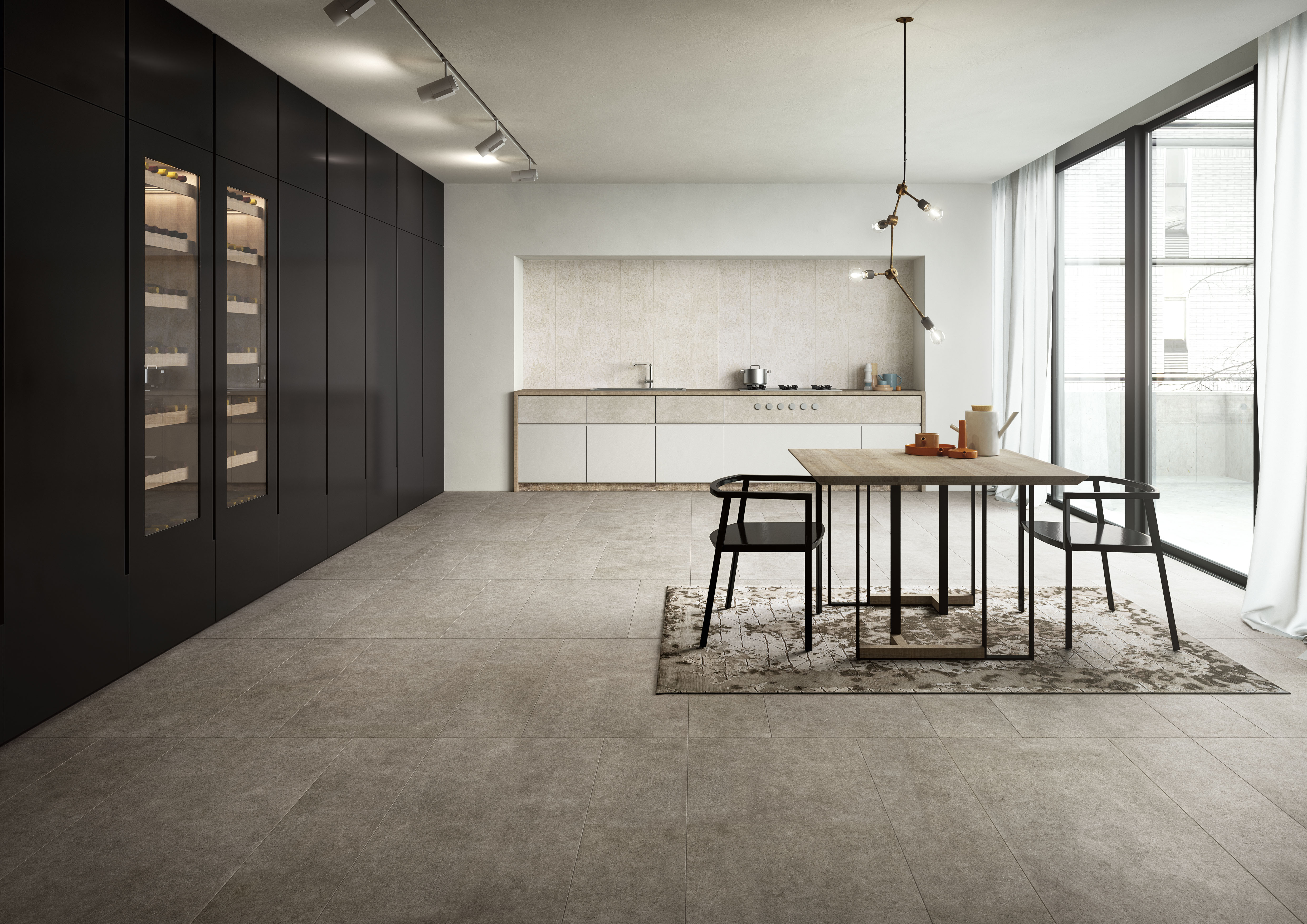 Großformatige, hellgraue Fliesen im modernen Wohnbereich mit Küche.