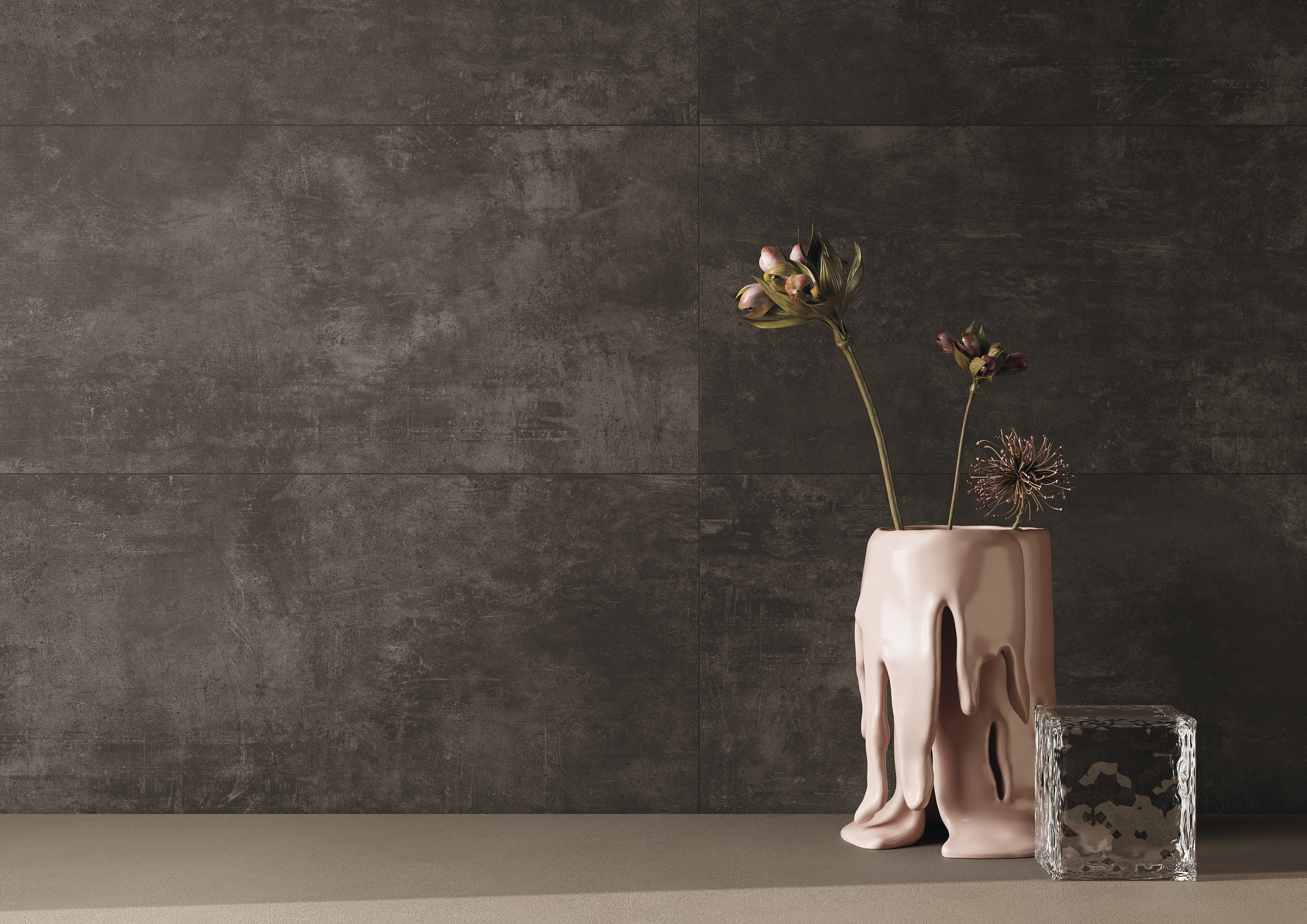 Hochwertige dunkelgraue Wandfliesen in Betonoptik.