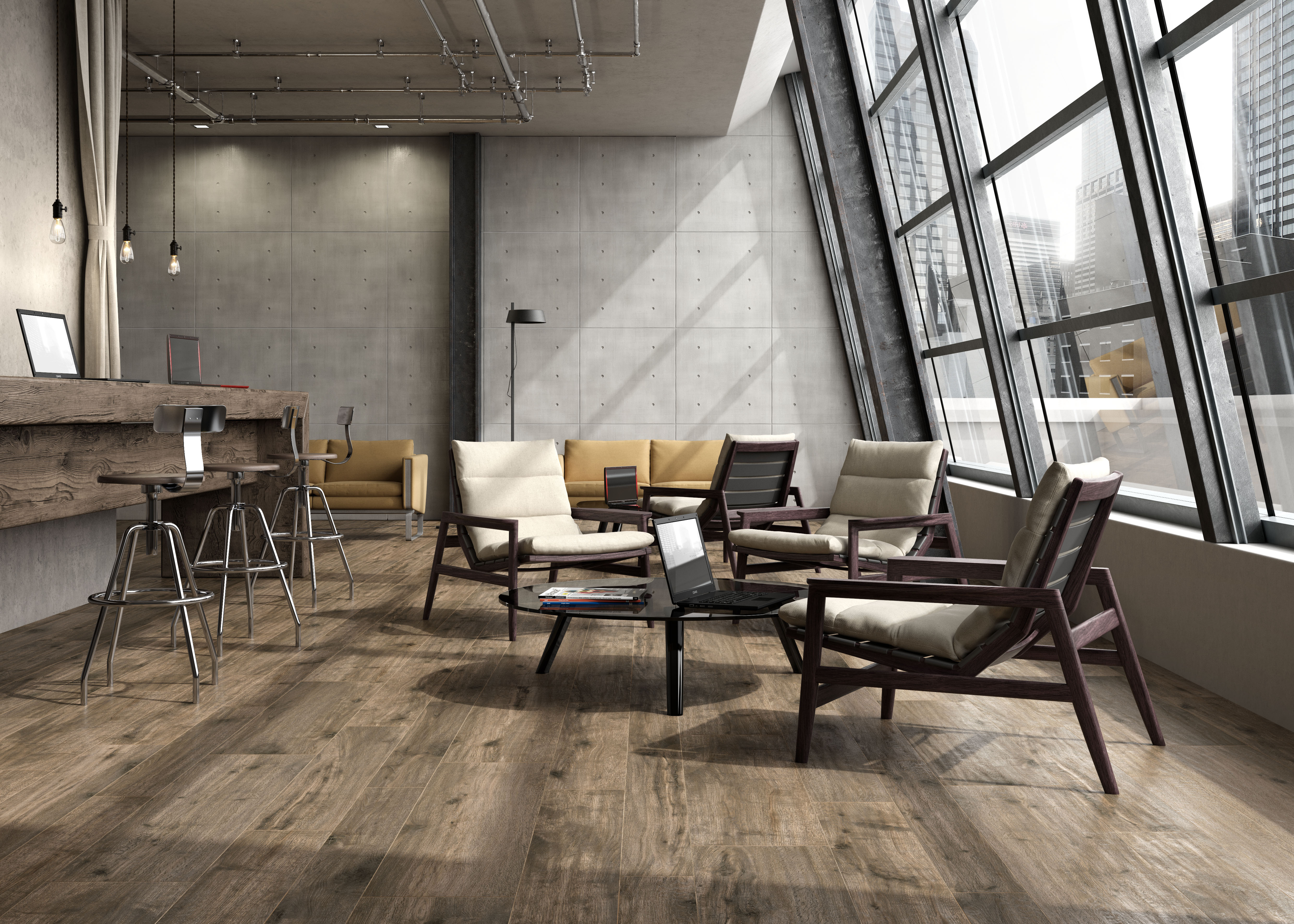 Indoor-Fliesen in Holzoptik im modernen Industrie-Design.