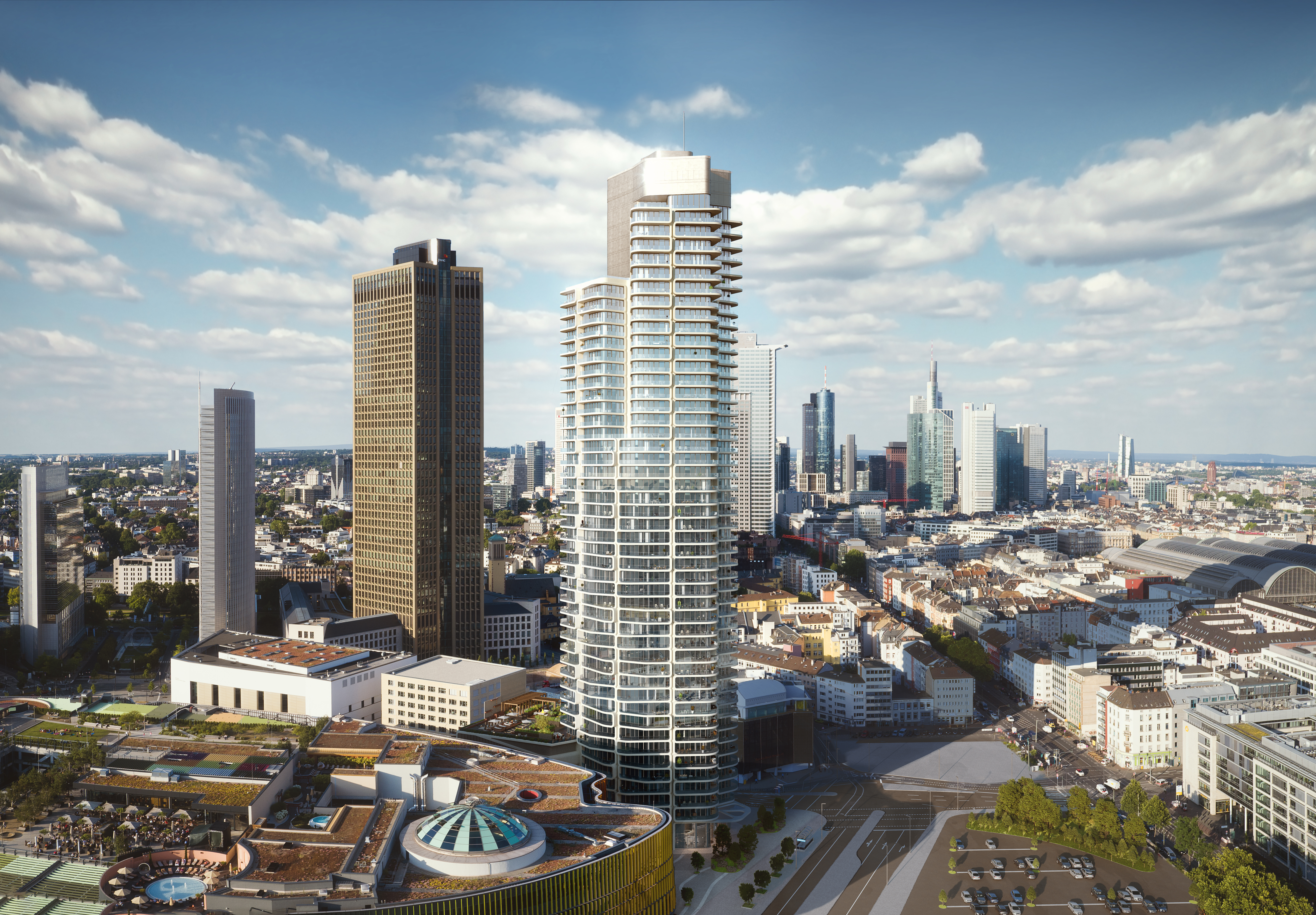 Skyline moderne de Francfort avec tour résidentielle élégante, idéale pour carreaux intérieurs et extérieurs de qualité.