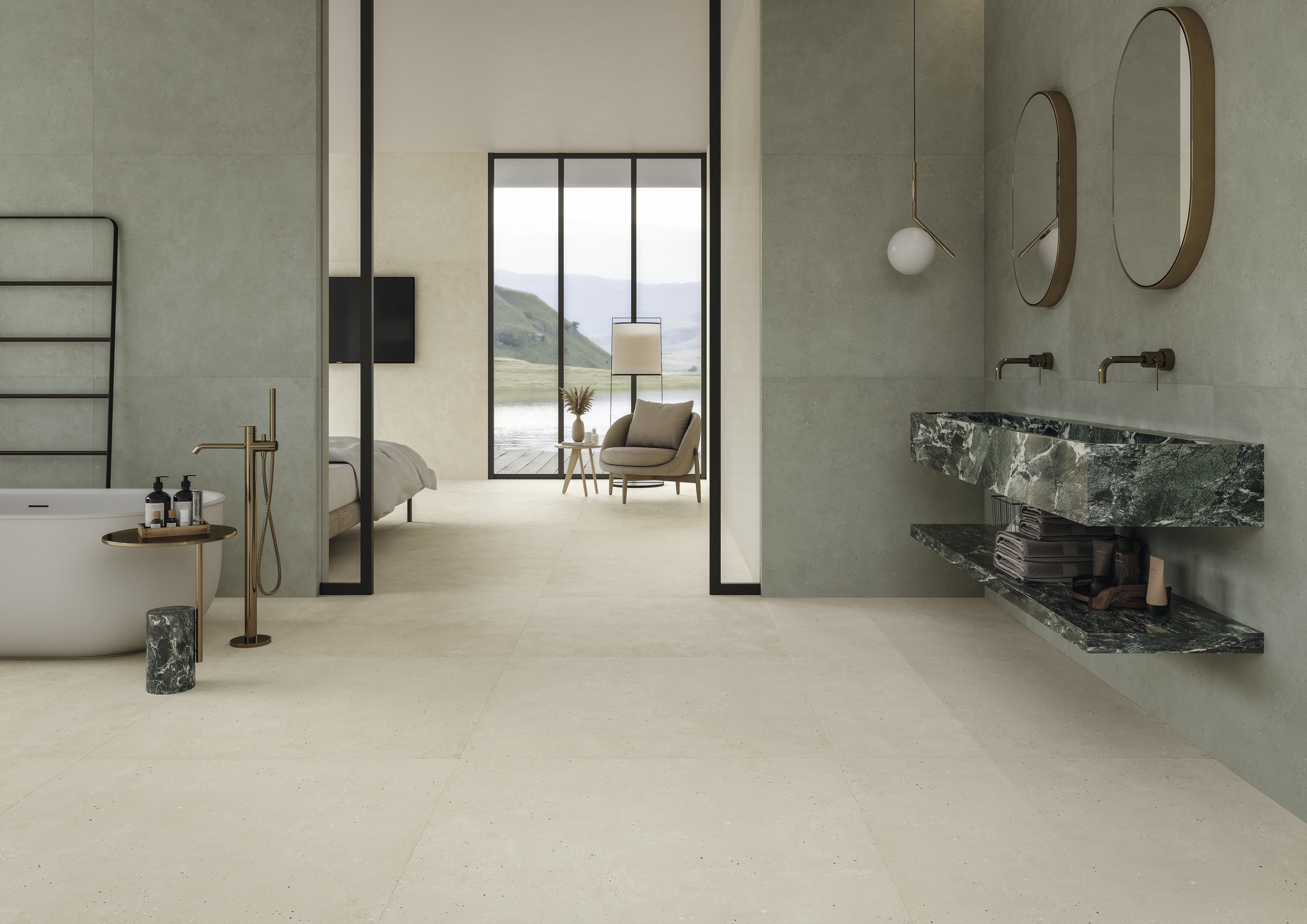 Salle de bain moderne avec carrelage clair au sol et vert aux murs, vasque en marbre.