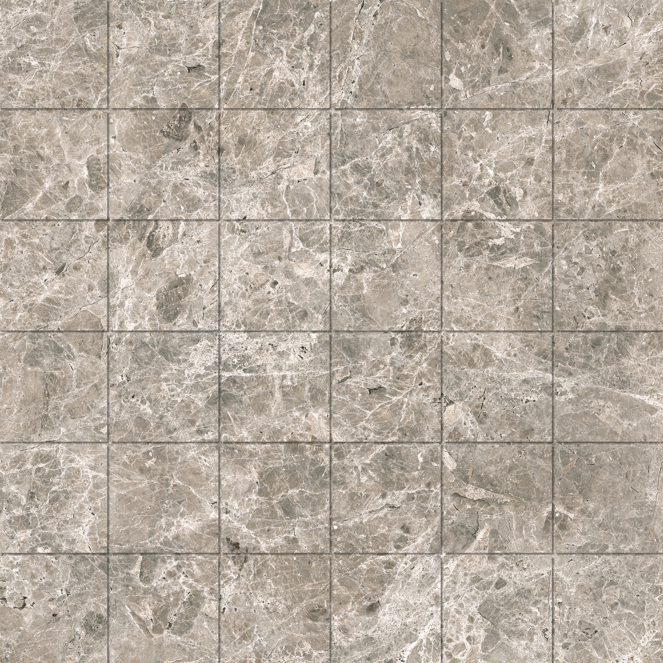 Mos. 4,7x4,7 Estro Grey Carreaux gris élégants, finement marbrés, parfaits pour intérieur et extérieur.