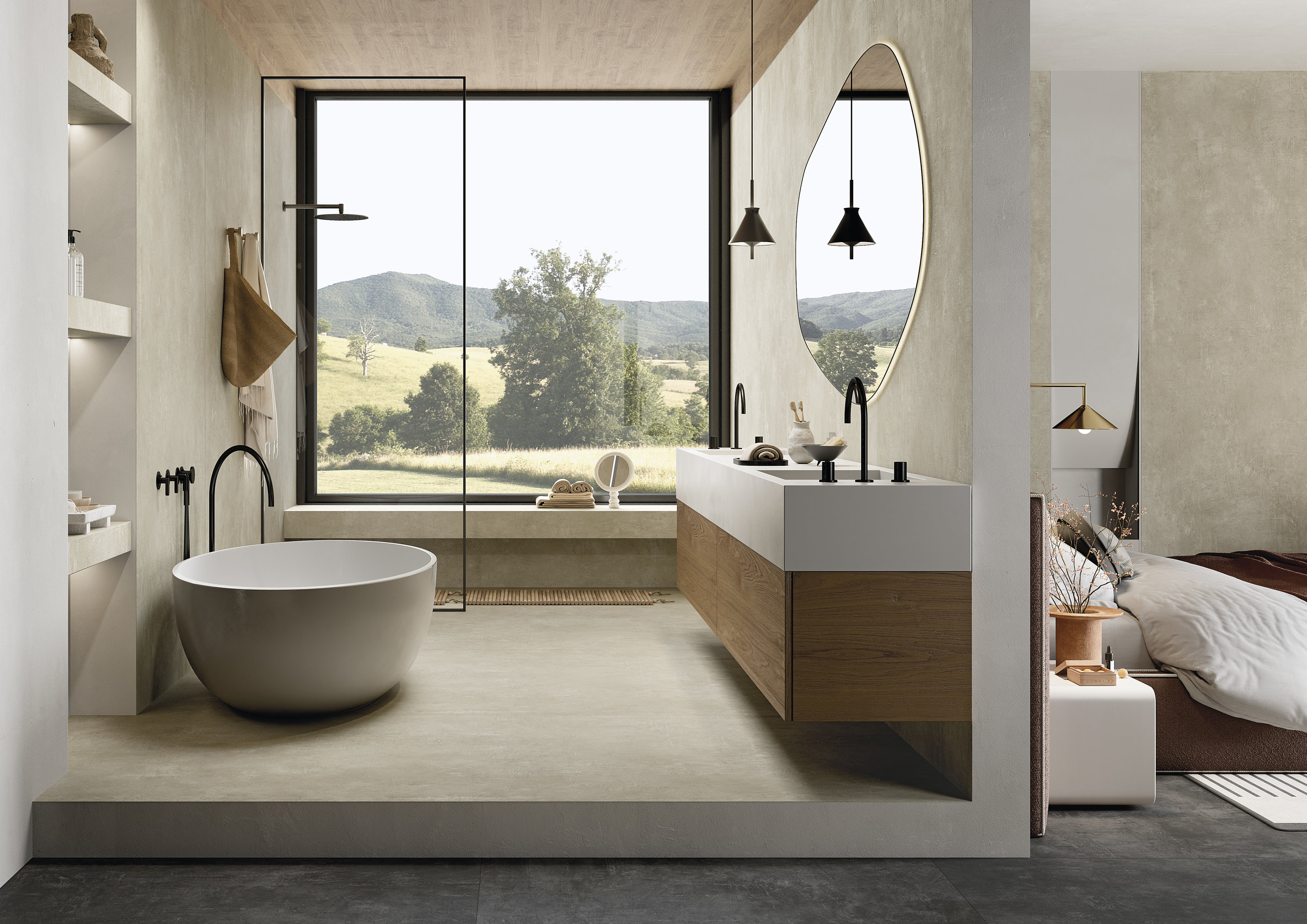 Salle de bain moderne avec carrelage en grès cérame clair, baignoire îlot et douche.