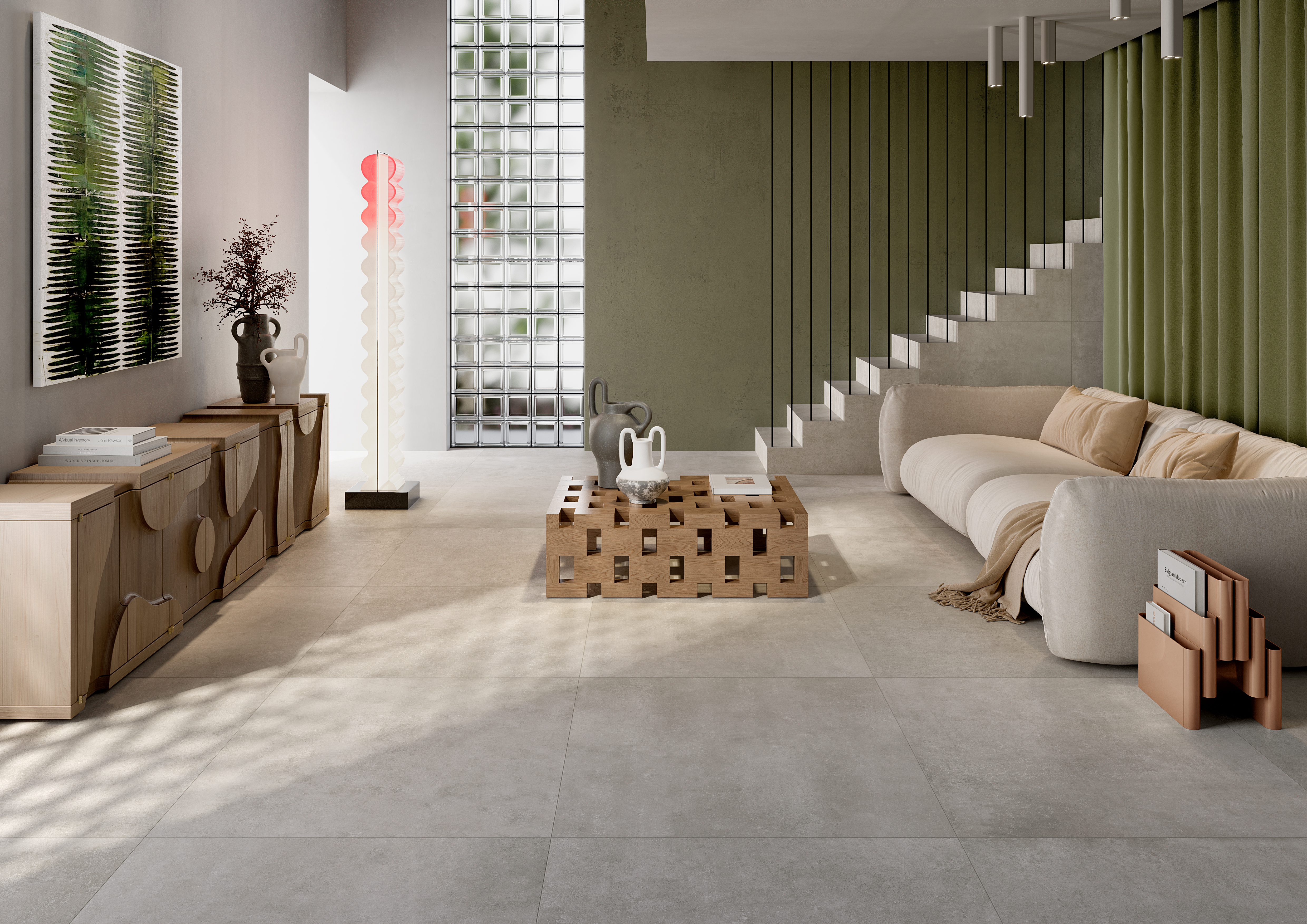 Carreaux Porcelaingres modernes et lumineux dans un salon élégant avec canapé et meubles en bois.