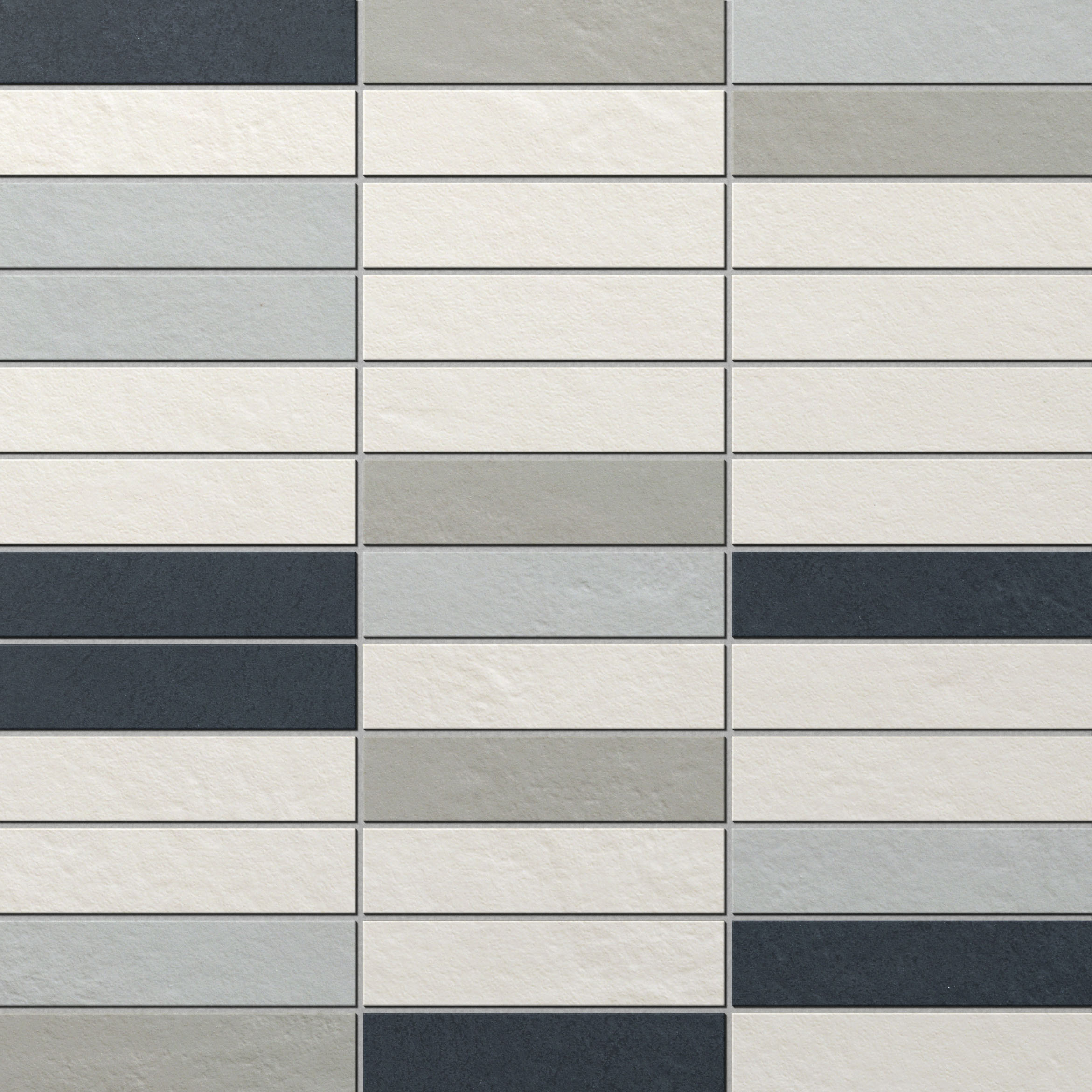 Brick Mosaic Cold Mix Mosaïque de carreaux allongés anthracite, gris clair et crème, pose décalée.